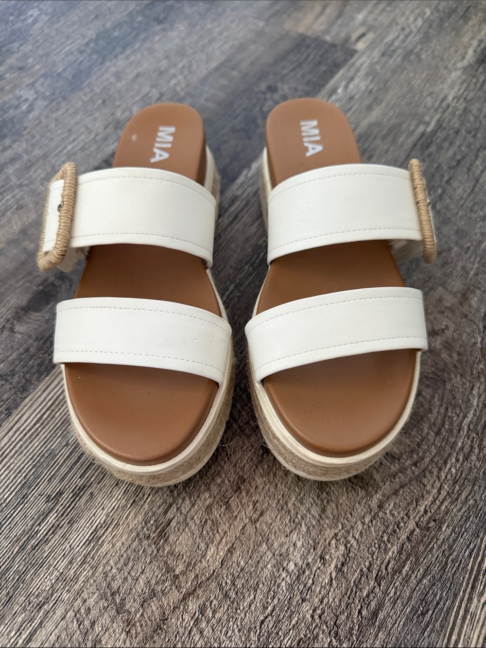 MIA Cream Double-Strap Espadrille Slide Sandals with Woven Buckle
